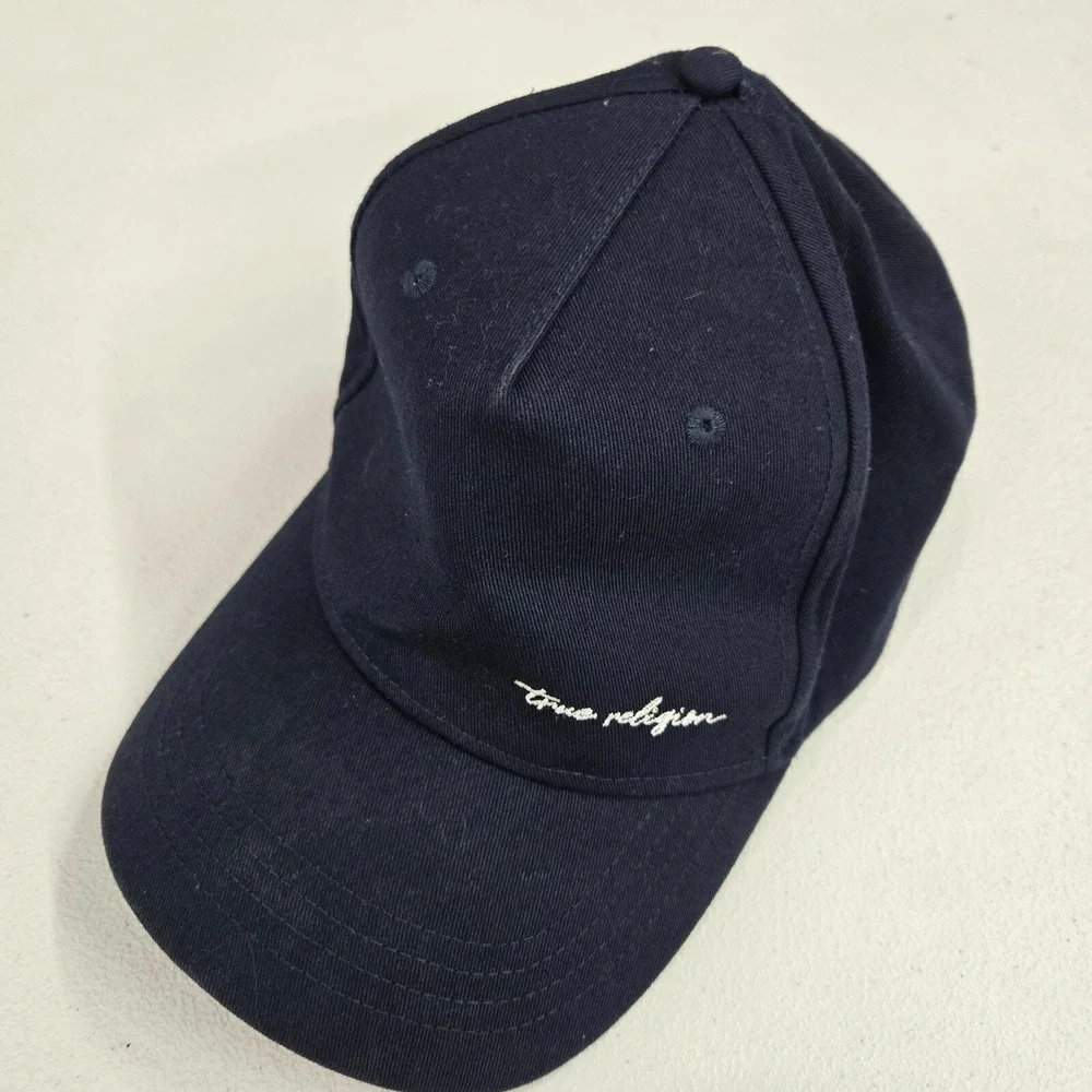 True Religion Men Hat OS Blue Embroidered Script‎ Logo Snapback Cap